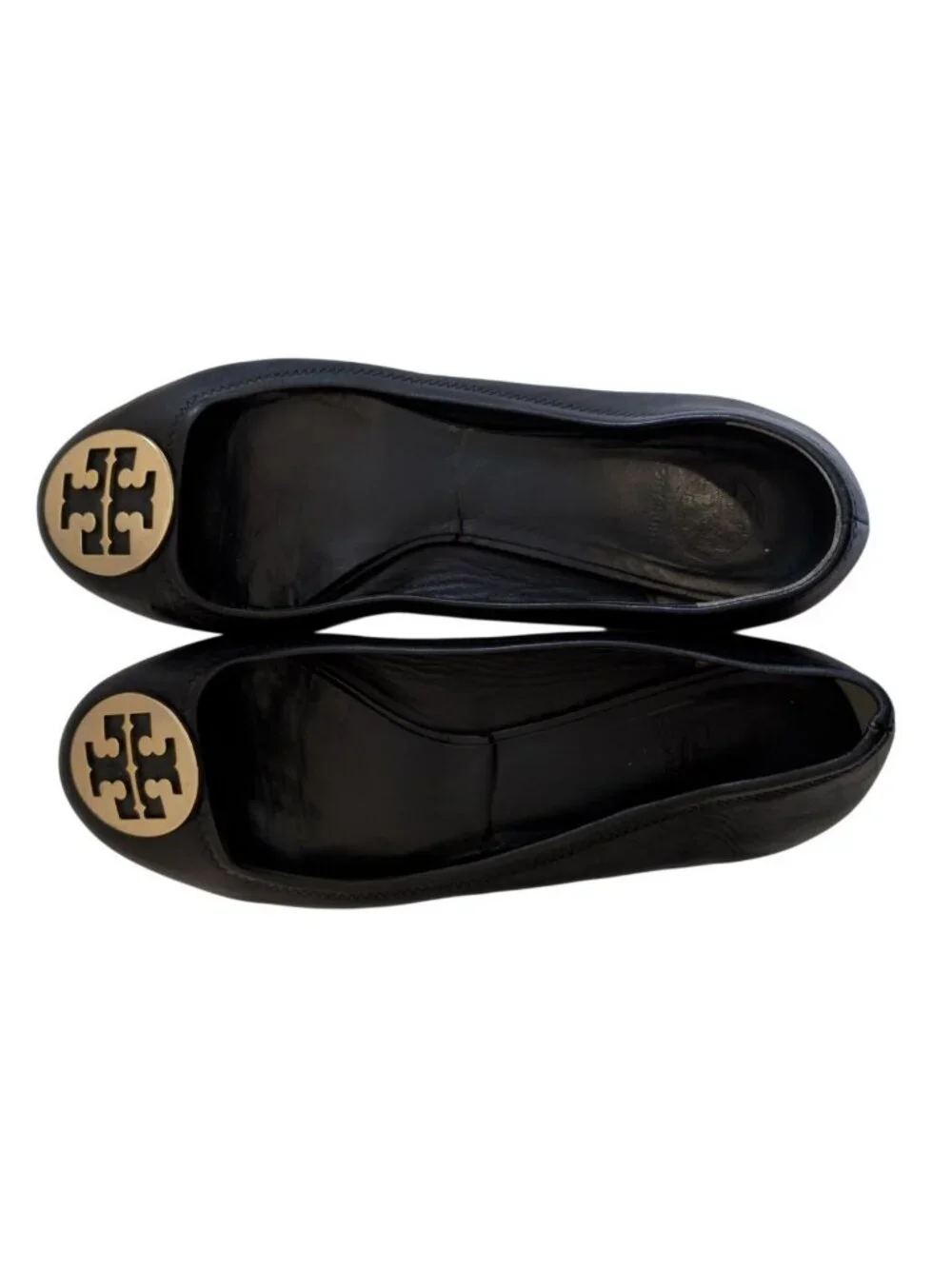 Tory Burch Black Leather Minnie Travel Ballet Flats Gold Logo Womens Size 12